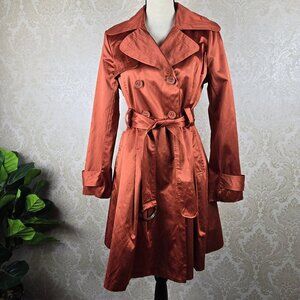 Bebe Size Medium Burnt Orange Double Breasted Trench Coat Belt Pockets Flared